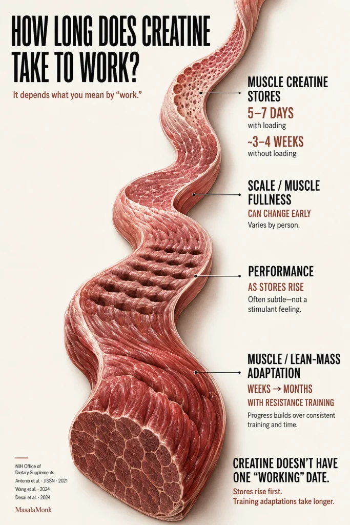A continuous muscle-ribbon timeline shows creatine stores rising in about 5–7 days with loading or 3–4 weeks without loading, followed by possible performance changes and slower muscle or lean-mass adaptation over weeks to months with resistance training.
