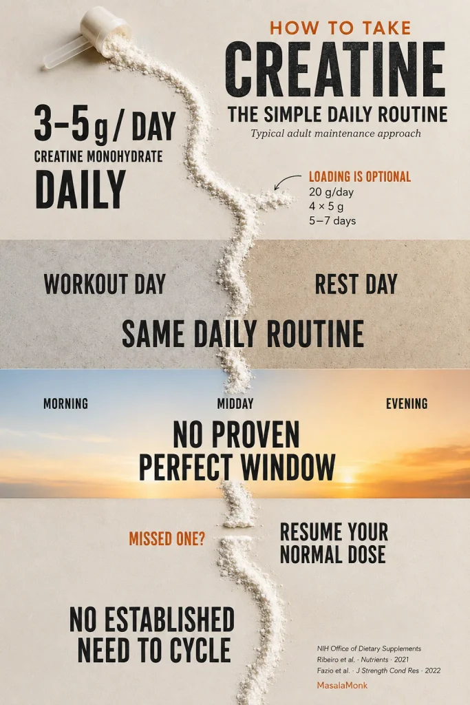 A continuous creatine-powder trail explains a simple daily routine: 3–5 g creatine monohydrate every day, the same approach on workout and rest days, optional loading, no proven perfect timing window, and no established need to cycle.