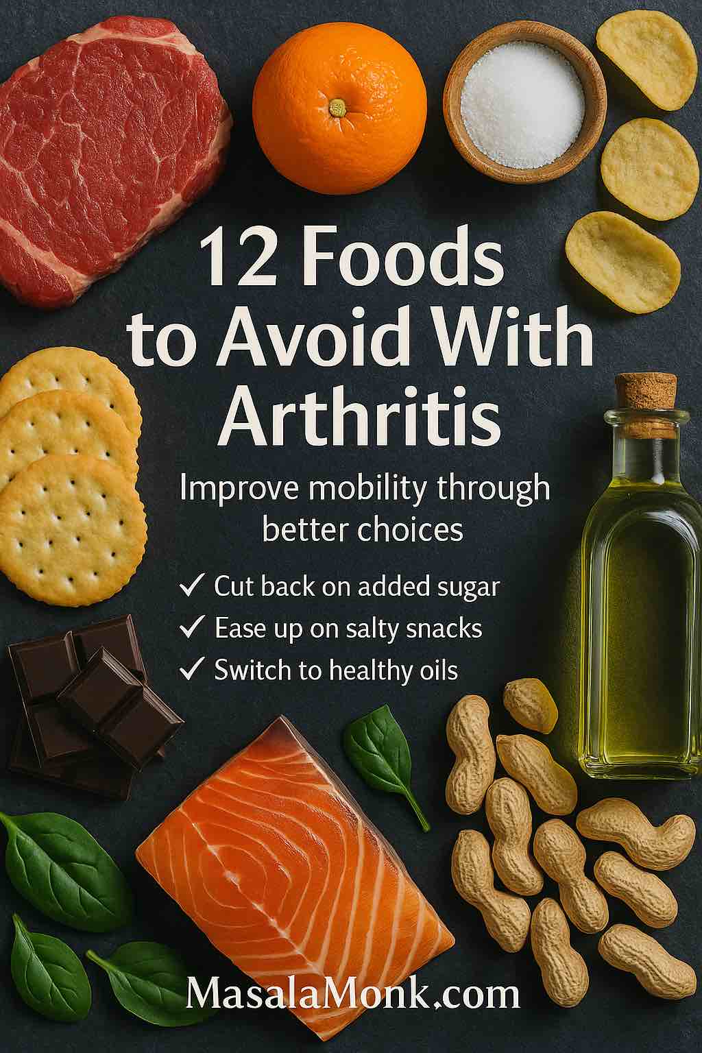 12 foods to avoid with arthritis cover—sugar, chips, red meat, crackers; healthier picks like salmon, spinach, olive oil; MasalaMonk.com