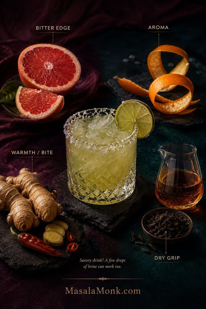 Margarita mocktail surrounded by grapefruit, curled orange peel, ginger, chile and a small vessel of amber tea on a dark plum and teal set.