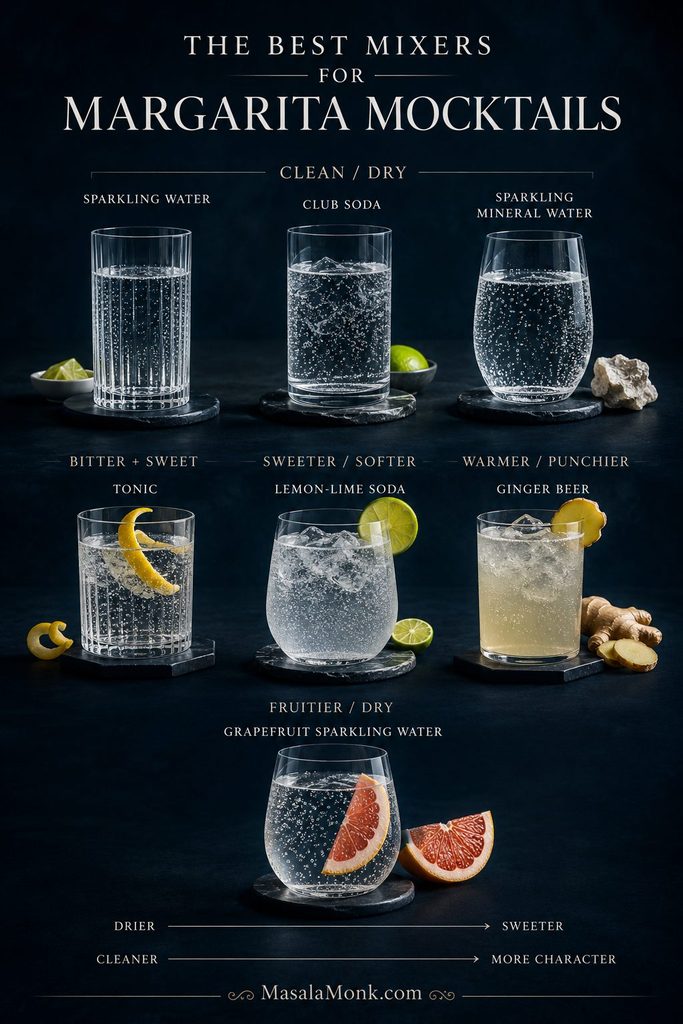 Seven clear mixer drinks arranged and labeled as sparkling water, club soda, mineral water, tonic, lemon-lime soda, ginger beer and grapefruit sparkling water.