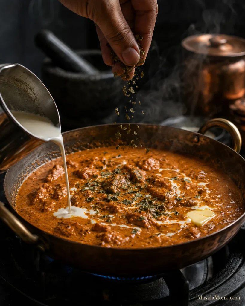 Cream being poured into butter chicken as butter melts and dried kasuri methi is crushed over the pan.