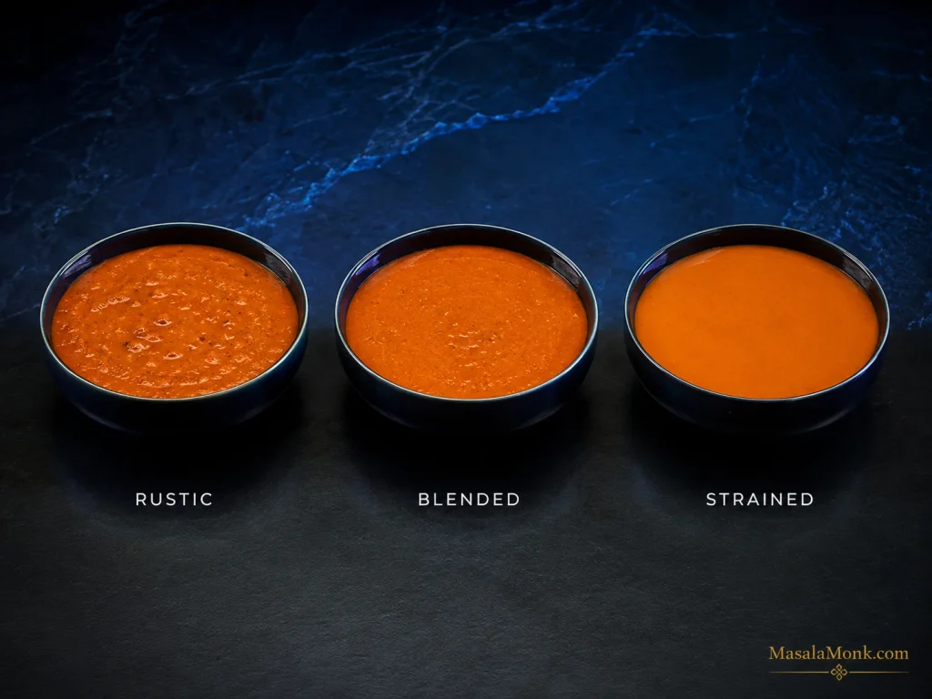 Three identical bowls of orange butter chicken gravy labeled rustic, blended and strained, showing progressively smoother texture.
