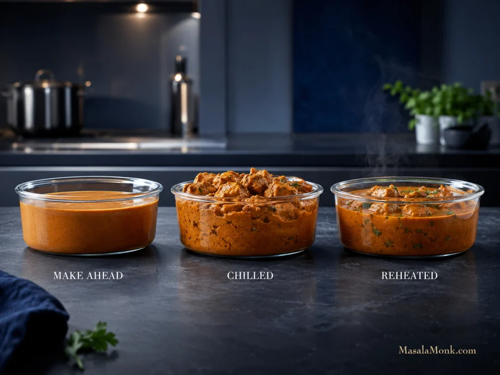 Three stages labeled make ahead, chilled and reheated, showing butter chicken gravy becoming thick when cold and looser again after reheating.