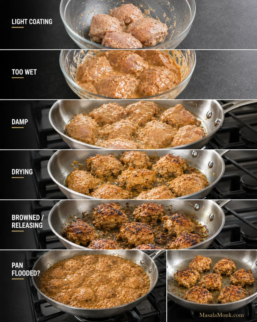 Step-by-step comparison showing lightly marinated chicken becoming damp, drying and browned, plus an overcrowded pan filled with excess moisture.