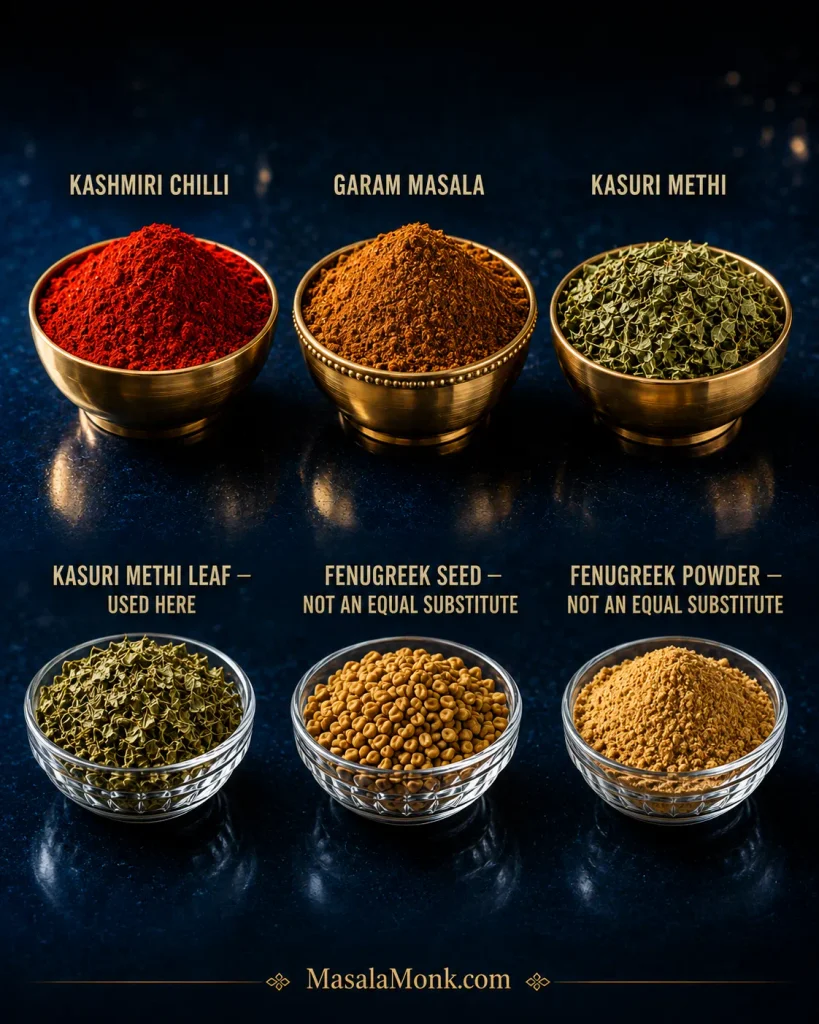 Spice guide showing Kashmiri chilli, garam masala and kasuri methi, with dried fenugreek leaves compared with fenugreek seeds and powder.