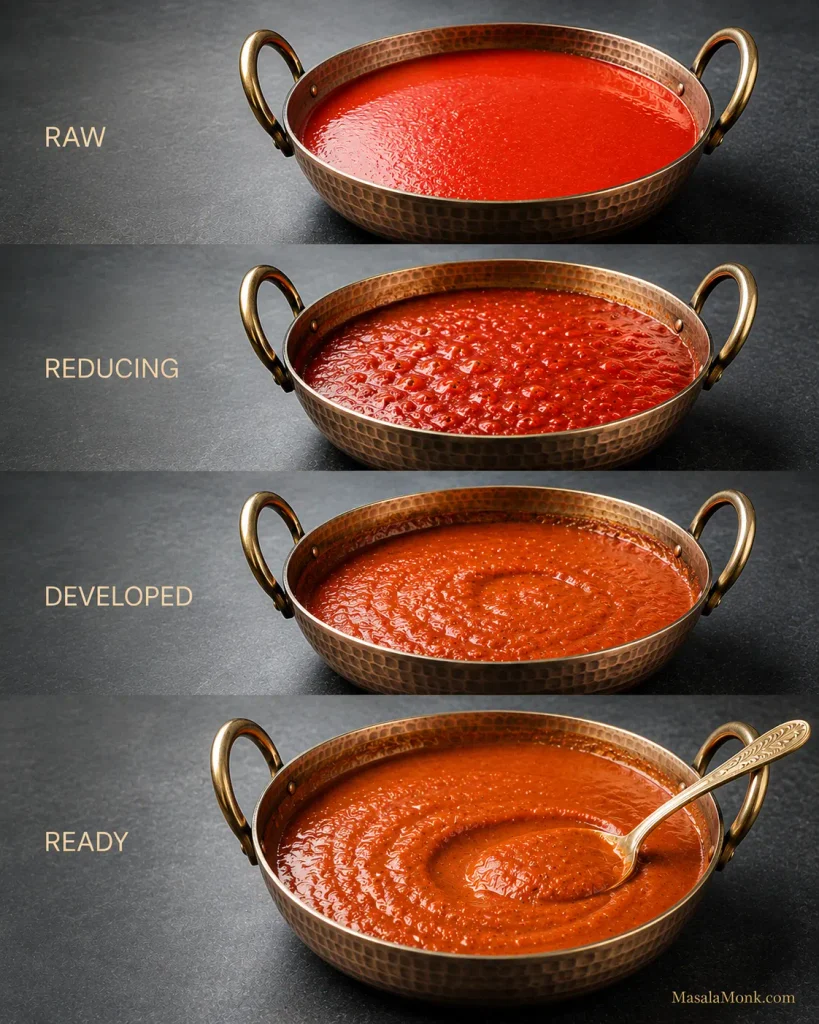 Four stages of tomato gravy labeled raw, reducing, developed and ready, ending with thick orange-red sauce that holds a spoon trail.