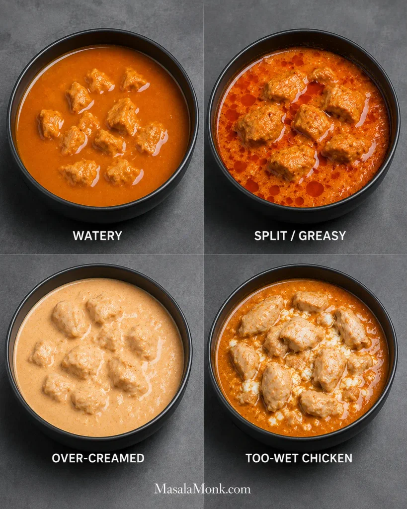 Four butter chicken problems shown side by side: watery gravy, split greasy sauce, pale over-creamed curry and chicken with wet yogurt clumps.