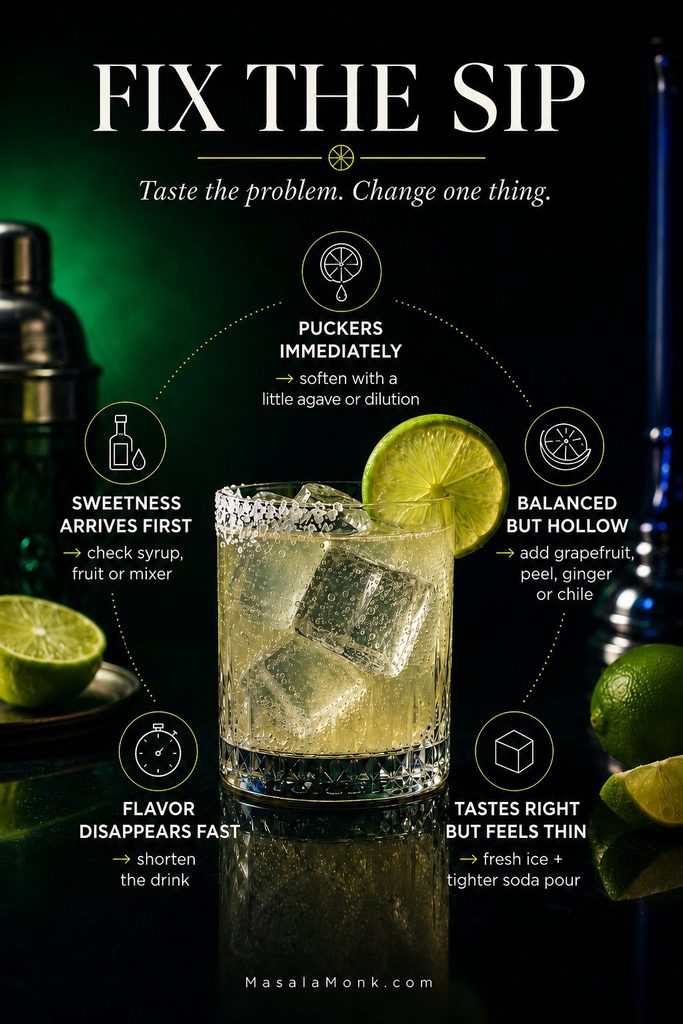 Margarita mocktail in the center of a troubleshooting guide with five taste problems and suggested adjustments arranged around the glass.