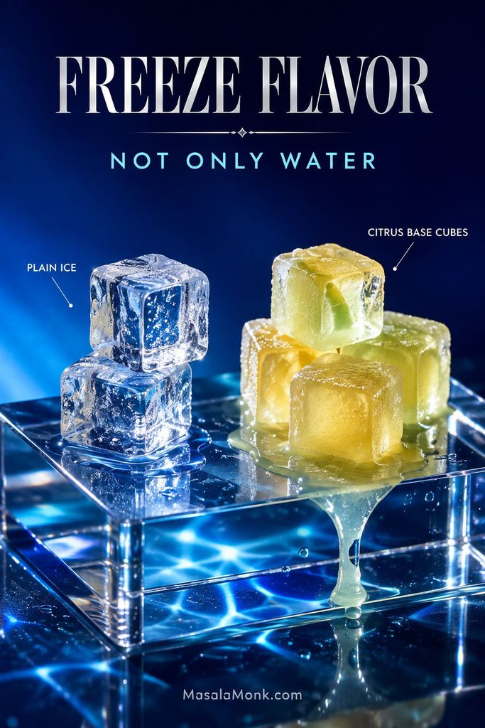 Clear plain ice cubes beside pale yellow-green frozen citrus-base cubes melting on a transparent acrylic block under blue studio lighting.