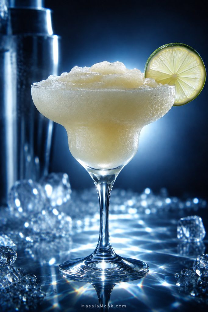 Pale frozen margarita mocktail with a softly mounded slushy texture in a stemmed margarita glass, garnished with lime against a blue and chrome background.
