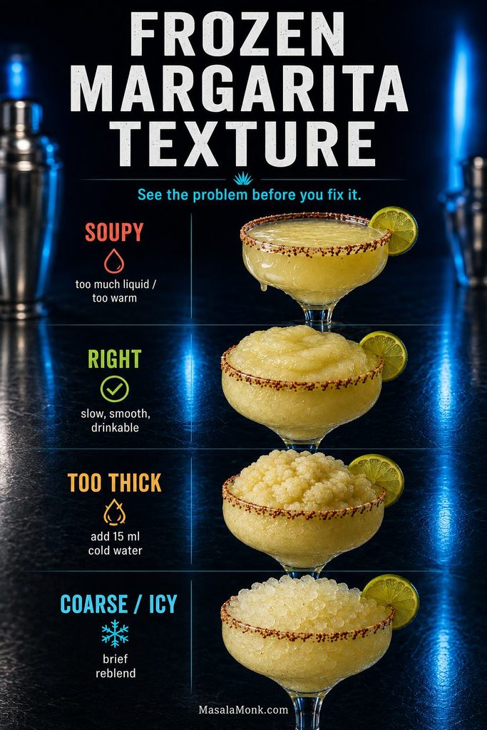 Four frozen margaritas showing soupy, correct smooth slush, too-thick and coarse icy textures, with a short correction beneath each state.