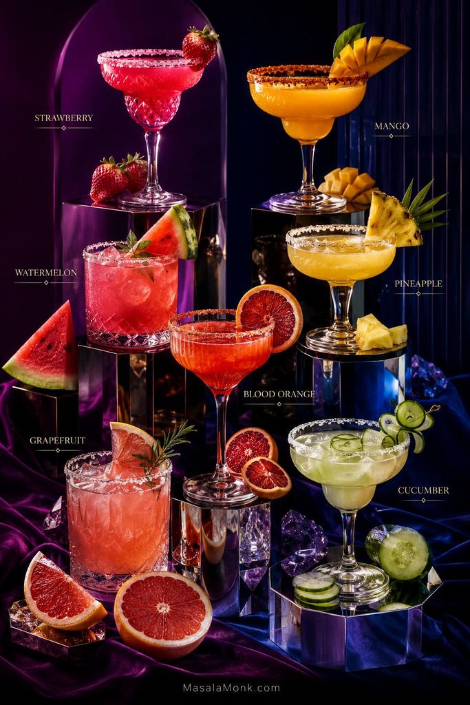 Seven fruit margarita mocktails displayed on jewel-toned pedestals and labeled strawberry, mango, watermelon, pineapple, blood orange, grapefruit and cucumber.