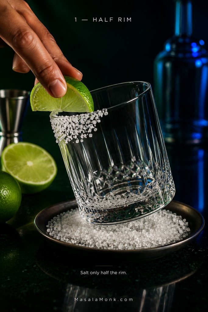 Hand rubbing a lime wedge along one half of the rim of a clear rocks glass above a dish of coarse salt.
