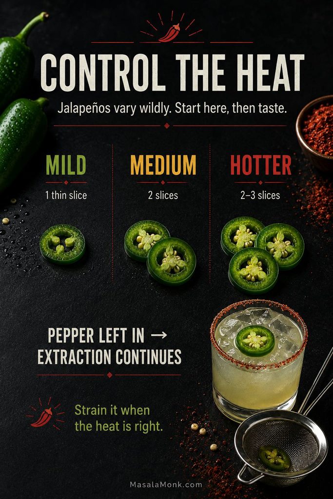 Jalapeño heat guide showing one slice for mild, two slices for medium and two to three slices for hotter, alongside a spicy margarita mocktail and fine strainer.