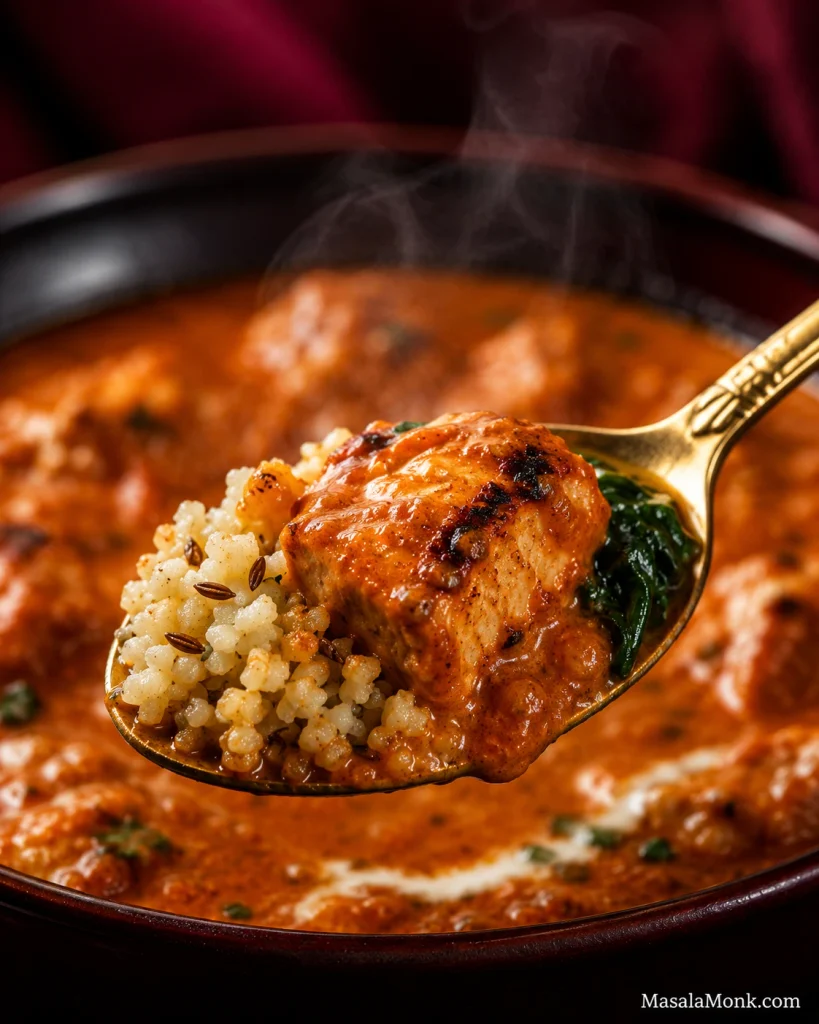 Close-up spoonful of browned butter chicken, glossy orange-red gravy, cumin-speckled cauliflower rice and a small piece of spinach.