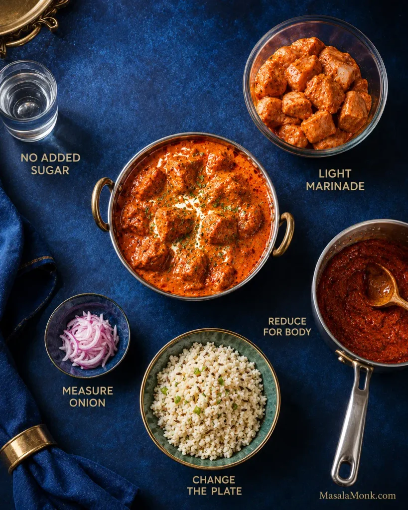Butter chicken surrounded by visual cues for no added sugar, a light yogurt marinade, reduced tomato gravy, measured onion and cauliflower rice.