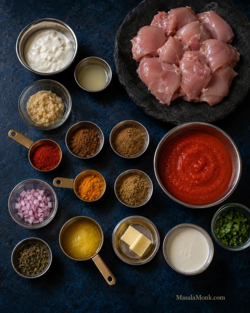Overhead arrangement of chicken thighs, yogurt, passata, onion, cream, butter, ghee, ginger-garlic paste and spices for keto butter chicken.