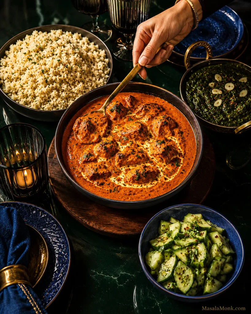 Low-carb butter chicken dinner with jeera cauliflower rice, dark green spinach and cucumber salad on a jewel-toned table.