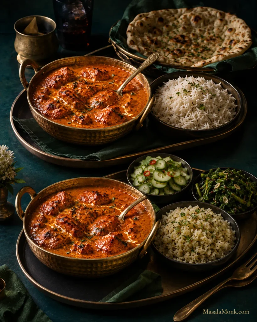 Two butter chicken meals compared side by side, one with basmati rice and naan and the other with cauliflower rice, greens and cucumber.