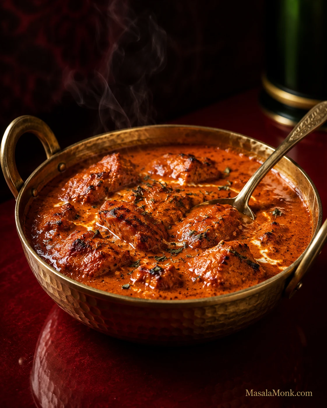 Bowl of keto butter chicken with browned boneless chicken pieces in glossy orange-red makhani gravy, finished with a little kasuri methi.