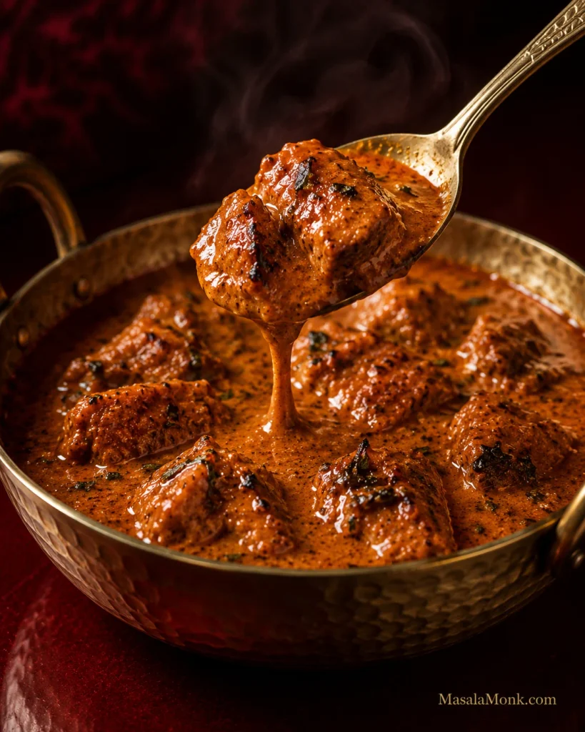Spoon lifting a browned piece of butter chicken with thick glossy sauce clinging and dripping back into the pan in a slow ribbon.