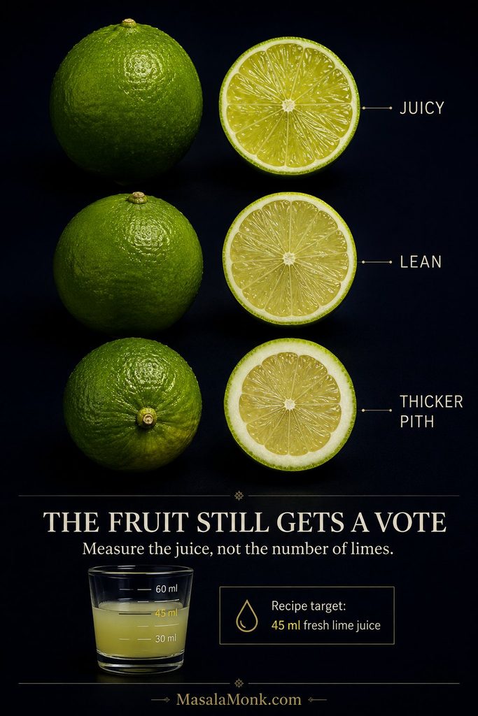 Three different limes shown whole and cut in half, including visibly juicier fruit and one with thicker white pith, beside a measure marked at 45 ml lime juice.