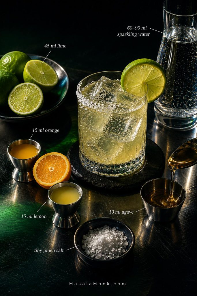 Ingredients for a margarita mocktail arranged on a dark metal surface: lime juice, orange juice, lemon juice, agave nectar, salt, sparkling water, ice and a finished drink.