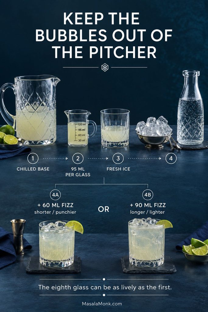 Pitcher serving guide showing chilled margarita base, a 95 ml measure, fresh ice, a separate sparkling-water bottle and two finished glasses with 60 ml or 90 ml fizz.