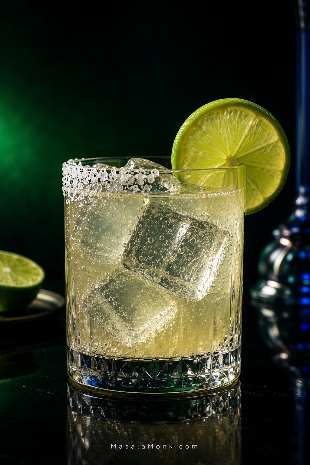 Pale lime-gold margarita mocktail in a rocks glass with large clear ice cubes, bubbles, a lime wheel and salt on half of the rim against a dark green background.
