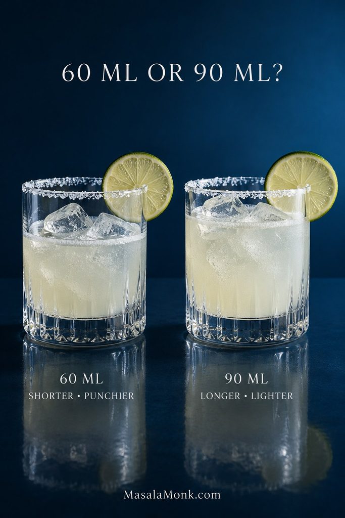 Two matching margarita mocktails side by side, one labeled 60 ml with a lower drink level and one labeled 90 ml with a higher drink level.