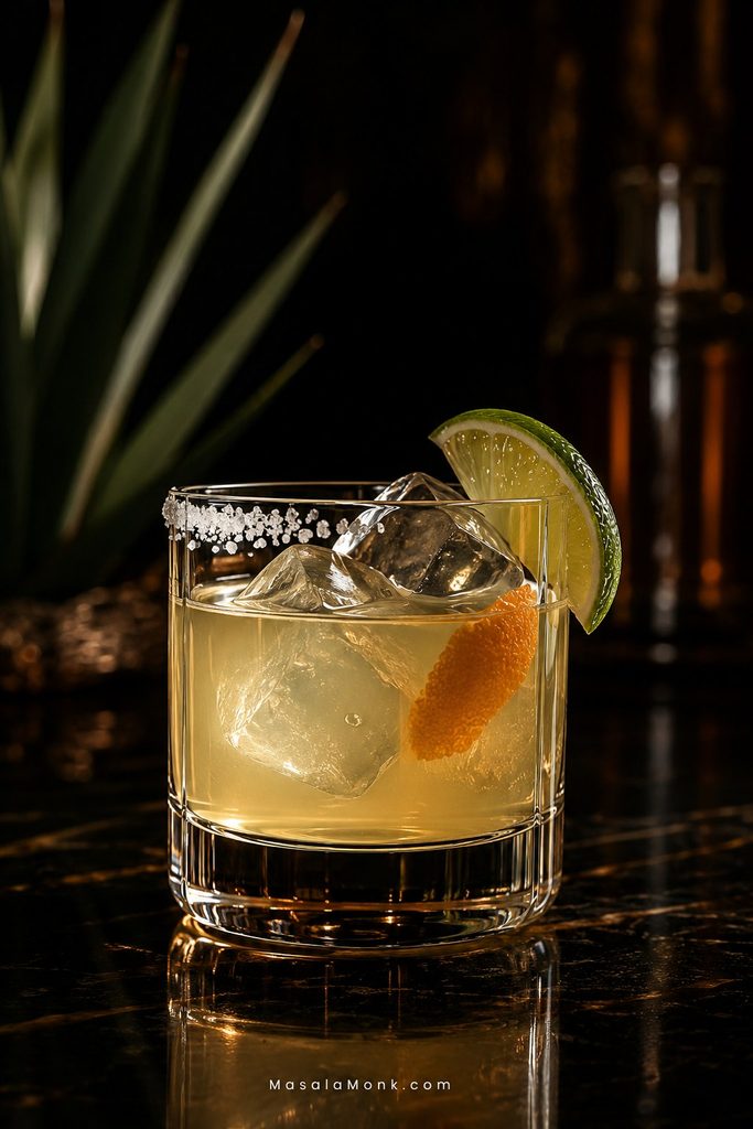 Short pale-gold non-alcoholic tequila-style margarita in a heavy rocks glass with clear ice, a partial salt rim, lime and orange peel against a dark amber and green bar setting.