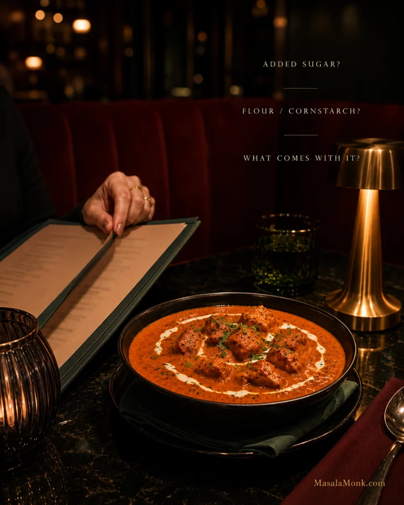 Butter chicken on a restaurant table beside a menu, with prompts asking about added sugar, flour or cornstarch, and side dishes.