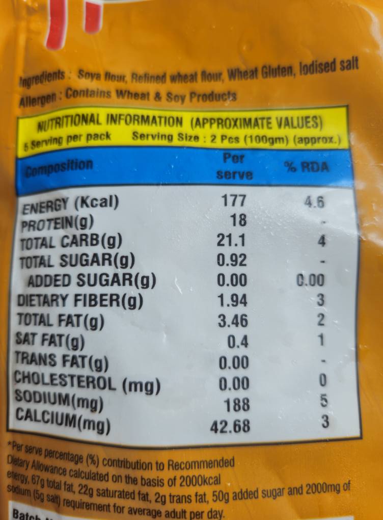 Soya chaap nutrition label information