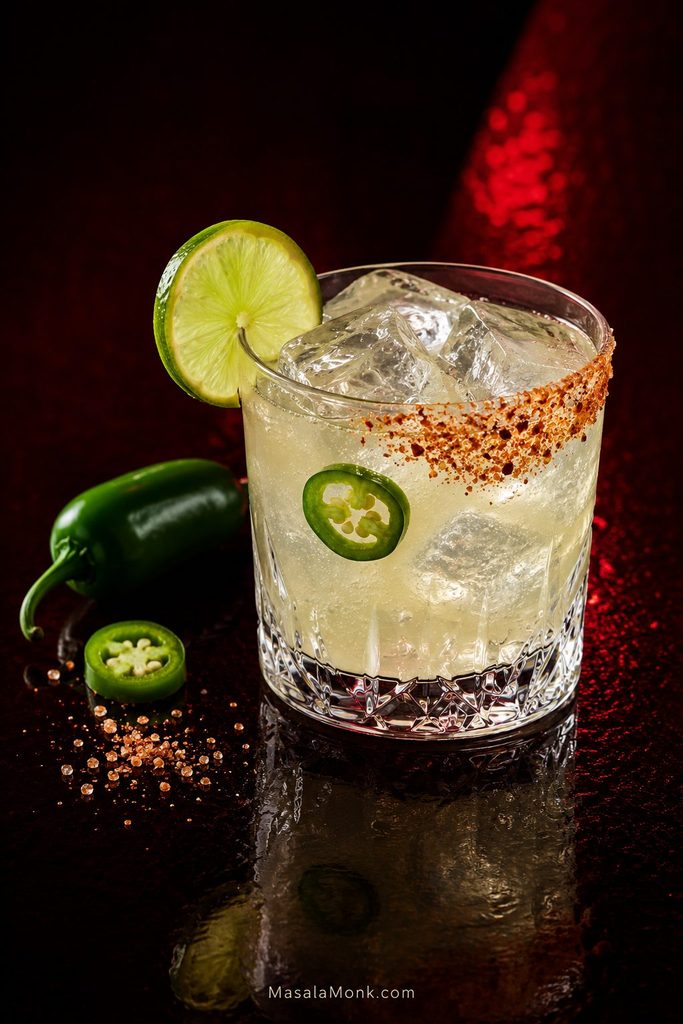 Pale spicy margarita mocktail with clear ice, lime, a jalapeño slice and a partial red chile-salt rim on a glossy dark red background.