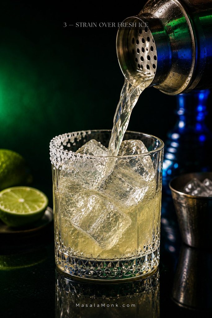 Pale citrus margarita mixture being strained from a metal cocktail shaker into a half-salted rocks glass filled with large fresh ice cubes.