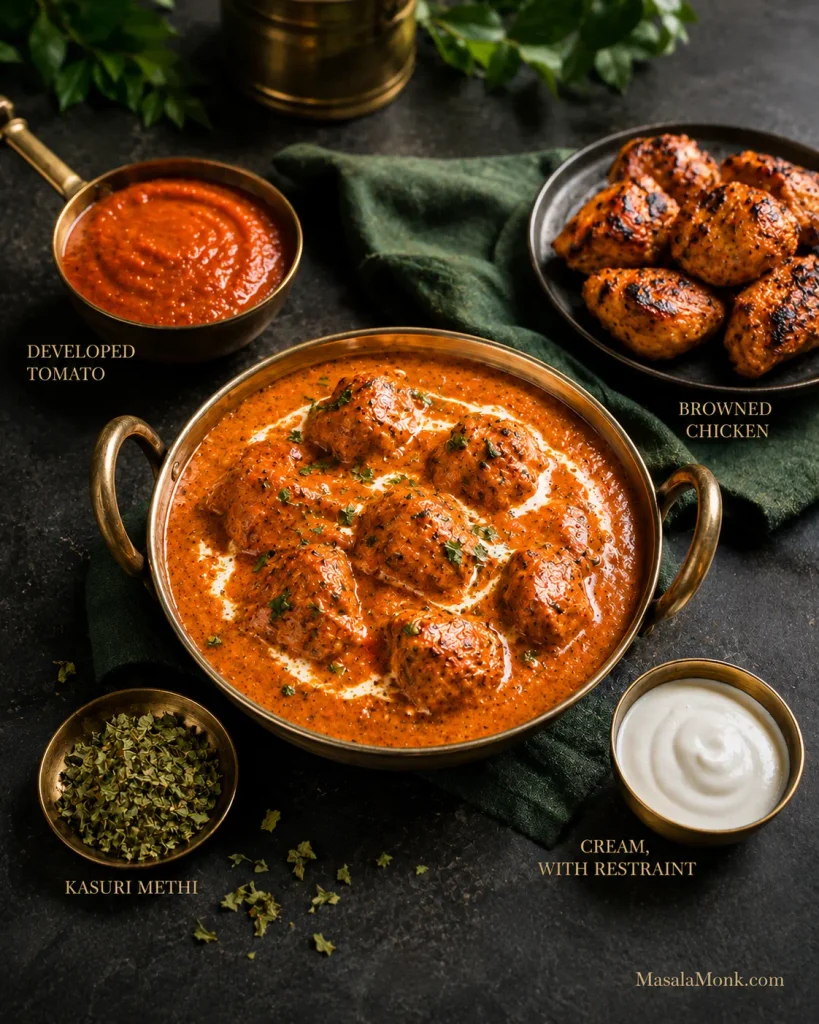Butter chicken shown with developed tomato gravy, browned chicken, dried kasuri methi and a small bowl of cream as key flavour elements.