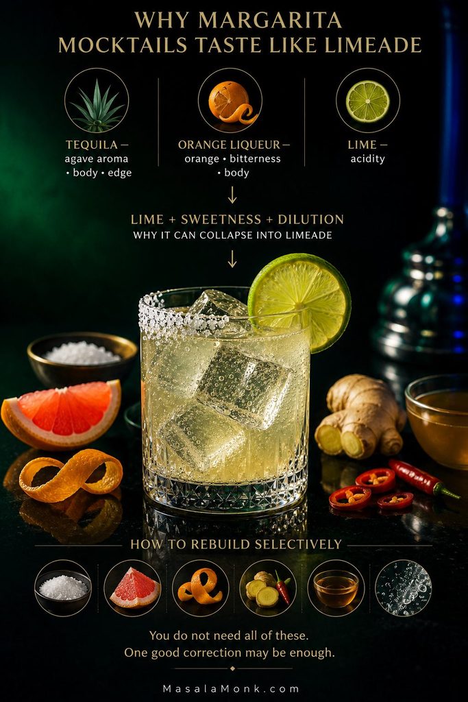 Editorial guide showing tequila, orange liqueur and lime as parts of a classic margarita, then a margarita mocktail surrounded by salt, grapefruit, orange peel, ginger, chile, tea and carbonation cues.