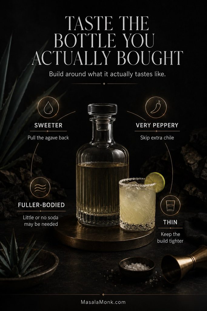 Unbranded bottle and pale margarita mocktail surrounded by four tasting adjustments labeled sweeter, very peppery, fuller-bodied and thin.