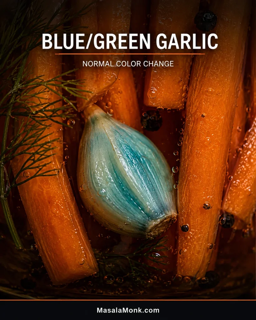 Close-up of a blue-green garlic clove submerged with fermented carrot sticks in brine, without fuzzy mold.