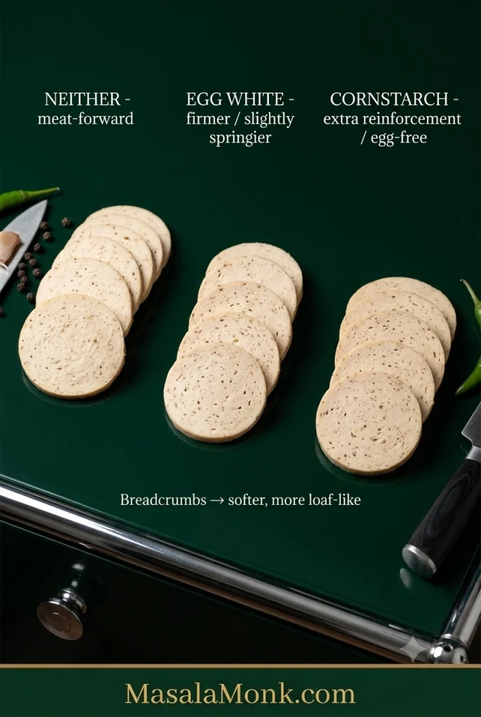 Three chicken salami binder choices arranged on an emerald surface: no added binder, egg white and cornstarch, with breadcrumbs noted as producing a softer texture.