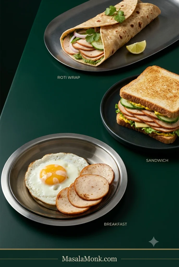 Homemade chicken salami served three ways: with a fried egg for breakfast, layered in a toasted sandwich, and inside a roti wrap with green chutney, onion and cucumber.
