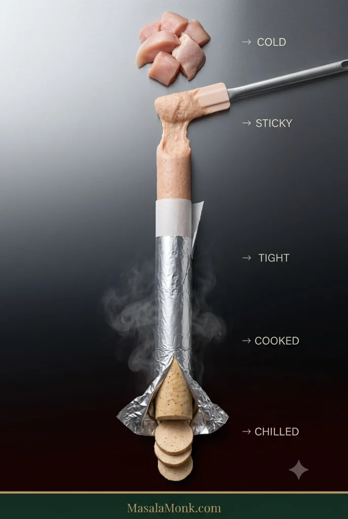 Vertical transformation from cold chicken pieces to sticky paste, a tightly foil-wrapped log, a steaming cooked log and finally chilled sliced chicken salami.