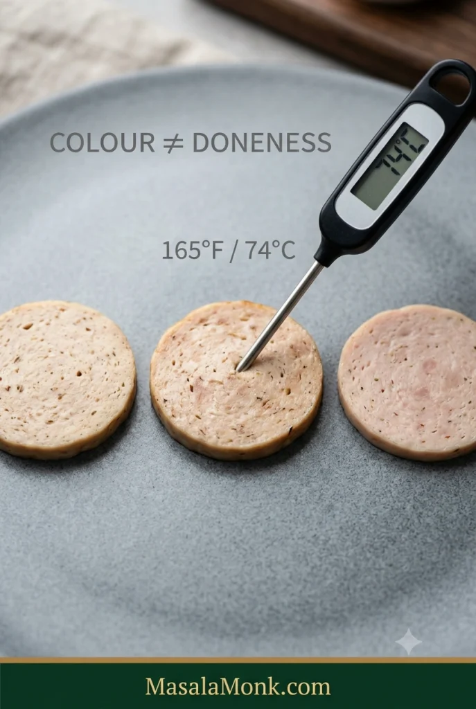 Three cooked chicken salami slices in pale beige, pale brown and faintly rosy tones beside a digital thermometer reading 74°C, showing that colour does not determine doneness.