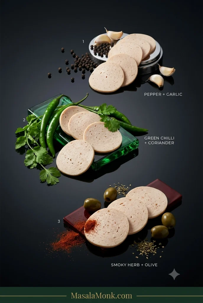 Three homemade chicken salami flavour variations styled with pepper and garlic, green chilli and coriander, and smoked herbs with green olives.