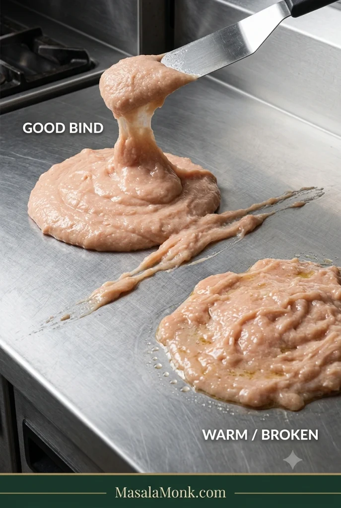 Correct pale pink sticky chicken paste lifting cohesively from a spatula beside warmer broken chicken paste with a looser, slightly oily texture.