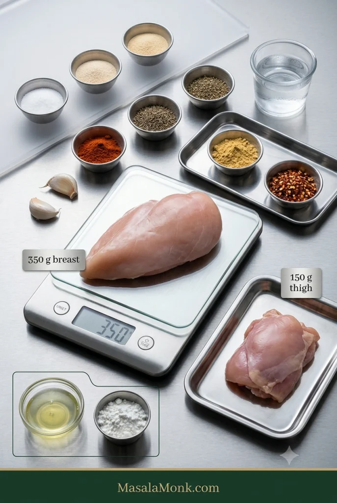 Chicken salami ingredients on stainless steel, including 350 g chicken breast on a digital scale, 150 g chicken thigh, garlic, spices, ice water, egg white and cornstarch.