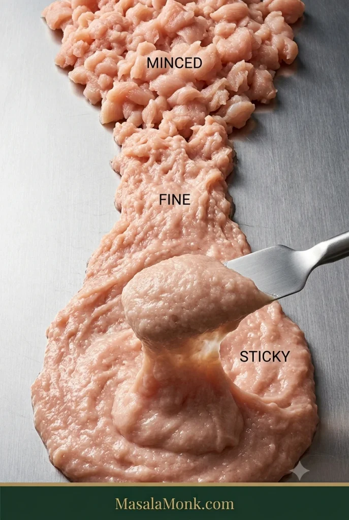 Continuous chicken texture progression from loose minced chicken to fine chicken and finally sticky cohesive chicken paste lifting with a spatula.