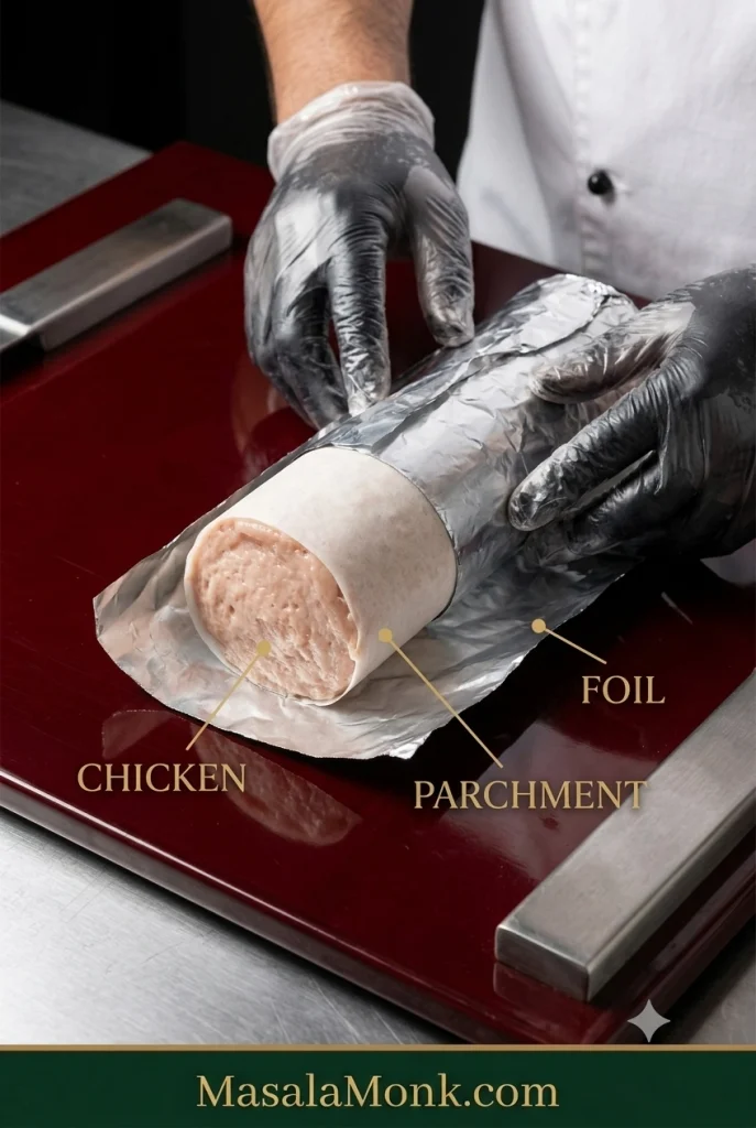 Raw chicken salami log being wrapped first in white baking parchment and then in aluminium foil, with the three layers visible in order.