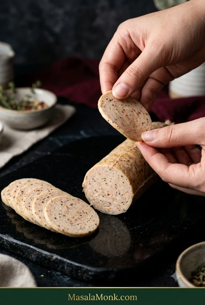 Thin chilled chicken salami slice bending slightly in a hand beside a sliced log with a fine, cohesive pale interior and small spice flecks.